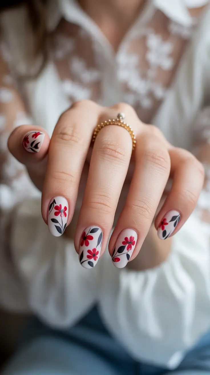 2025 Fall Matte Nails Red Floral Accents on Nude Matte