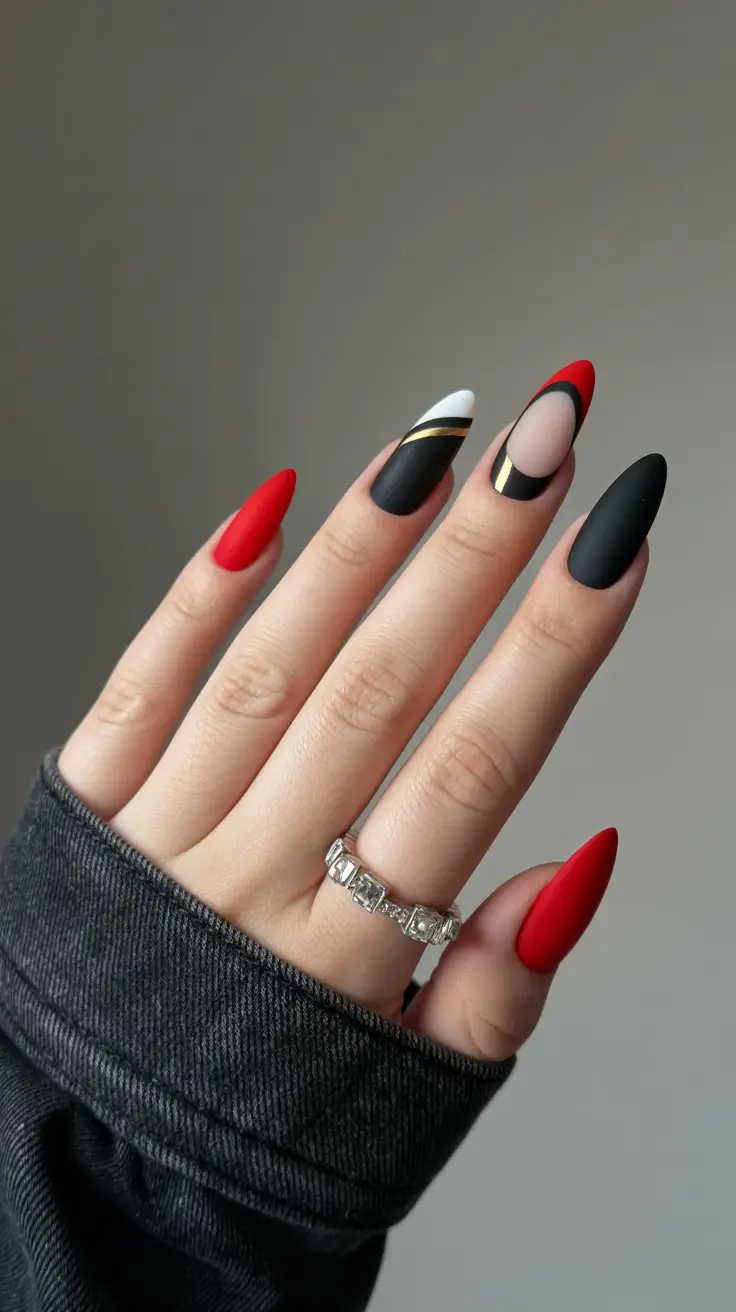 2025 Fall Matte Nails Red and Black Power Mix