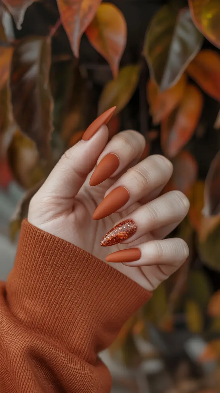 2025 Fall Matte Nails Rust-Toned Elegance with Autumn Sparkle