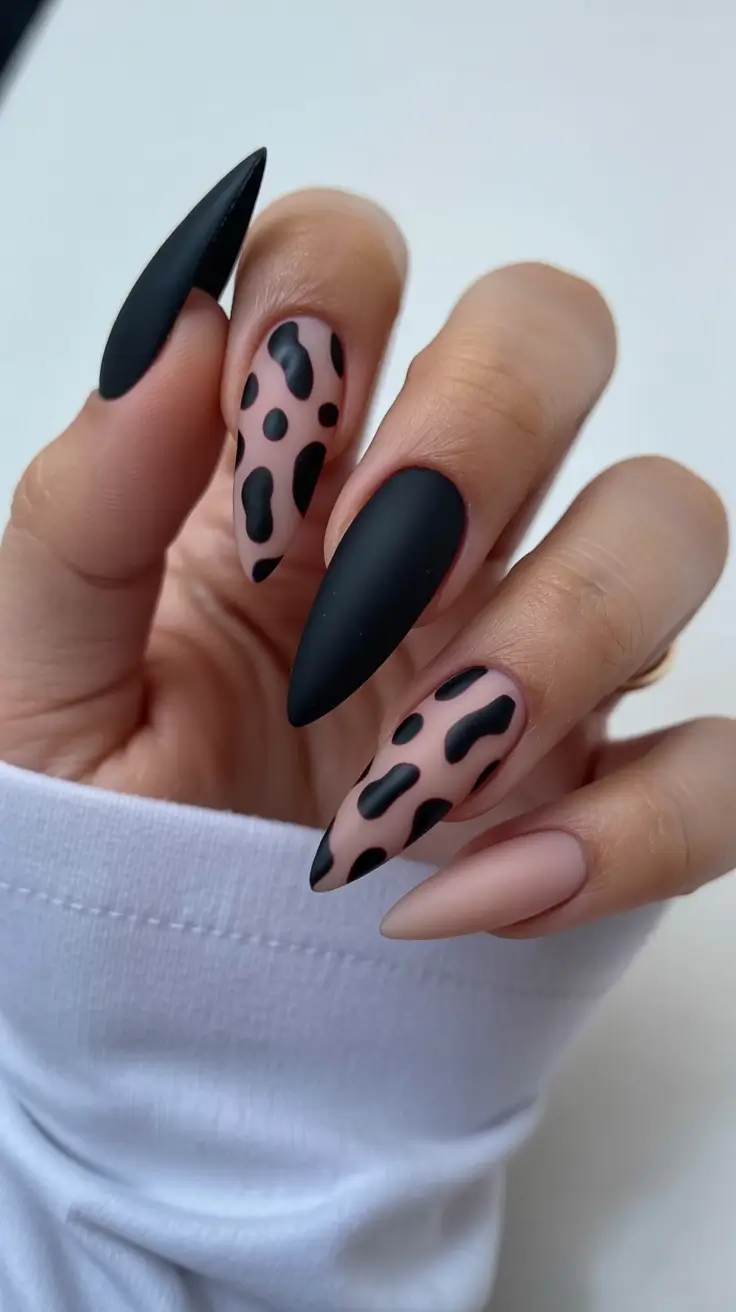2025 Fall Matte Nails Bold Black Matte with Edgy Leopard Accents
