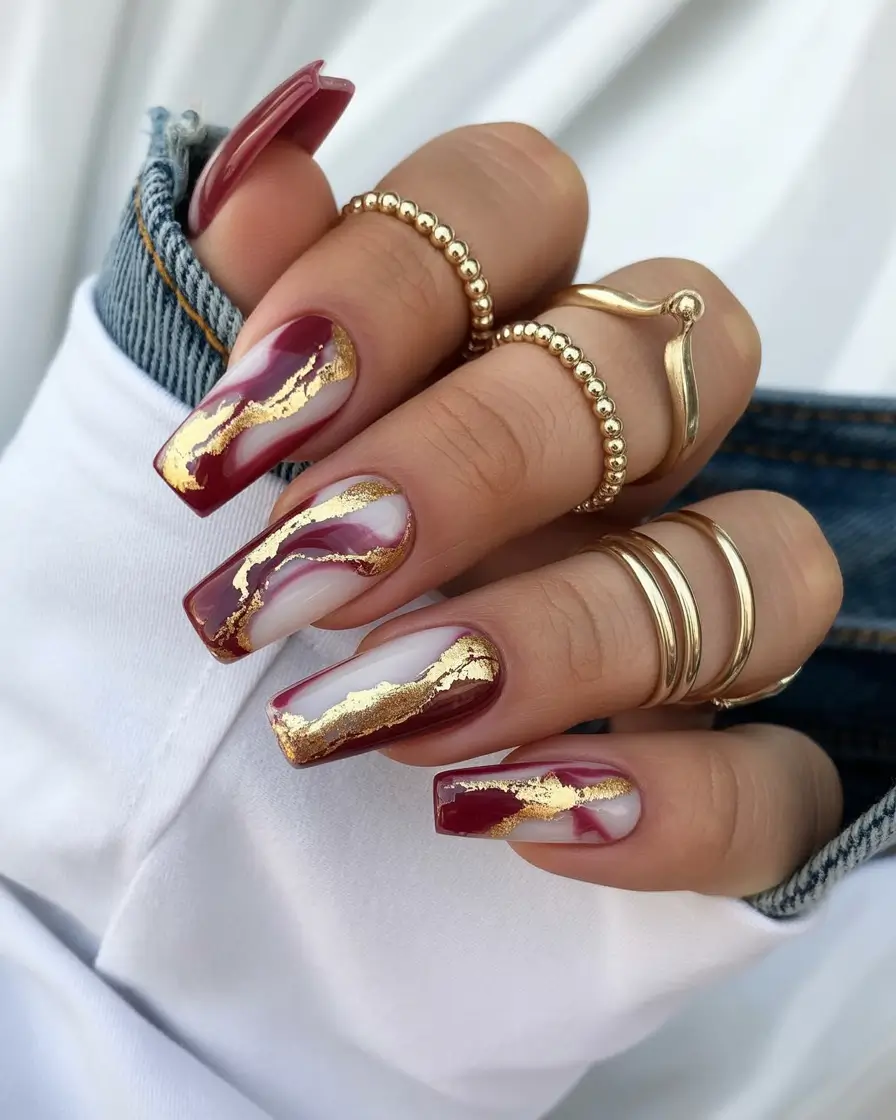 2025 Fall Matte Nails Rich Burgundy with Golden Veins