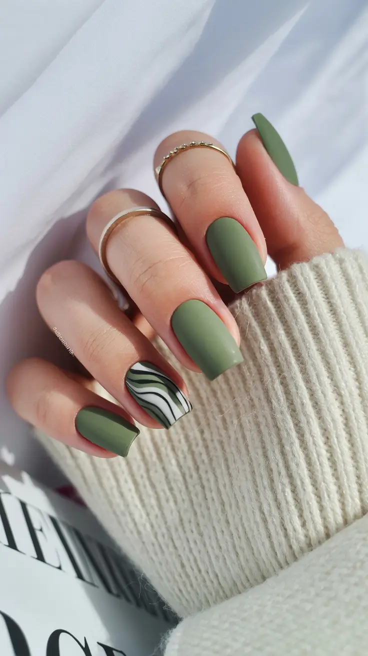 2025 Fall Matte Nails Olive Green Matte with Subtle Waves