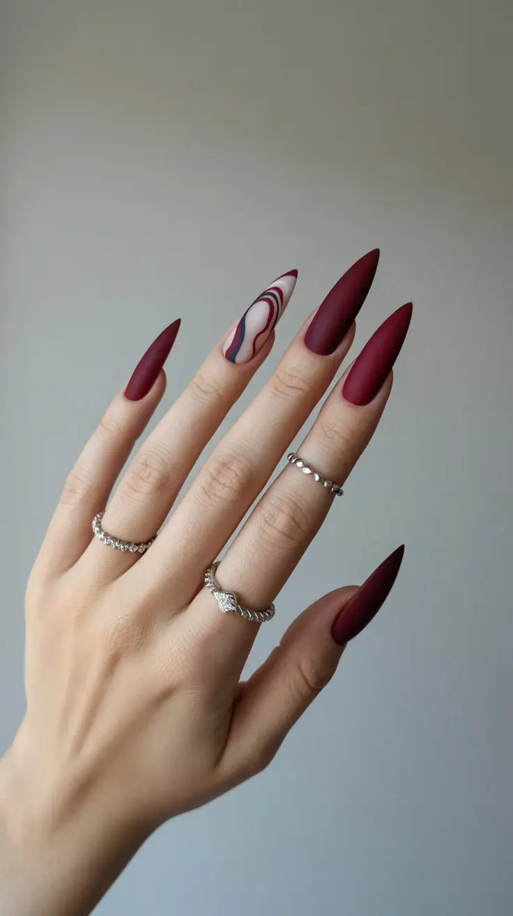 2025 Fall Matte Nails Deep Burgundy with Abstract Swirls