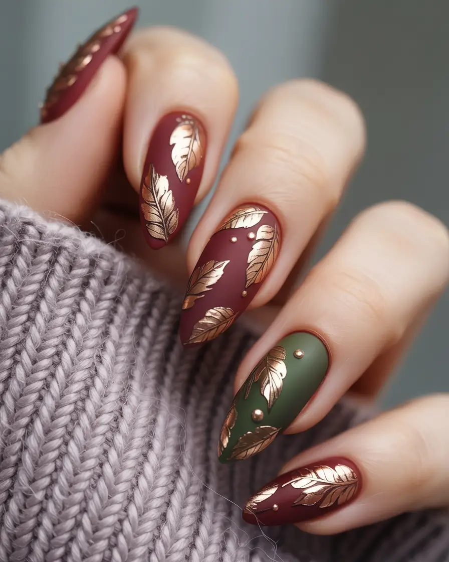 2025 Fall Matte Nails Autumn Leaves in Matte Burgundy and Green