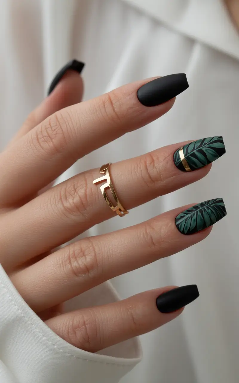 2025 Fall Matte Nails Dark Matte with Leaf Detailing