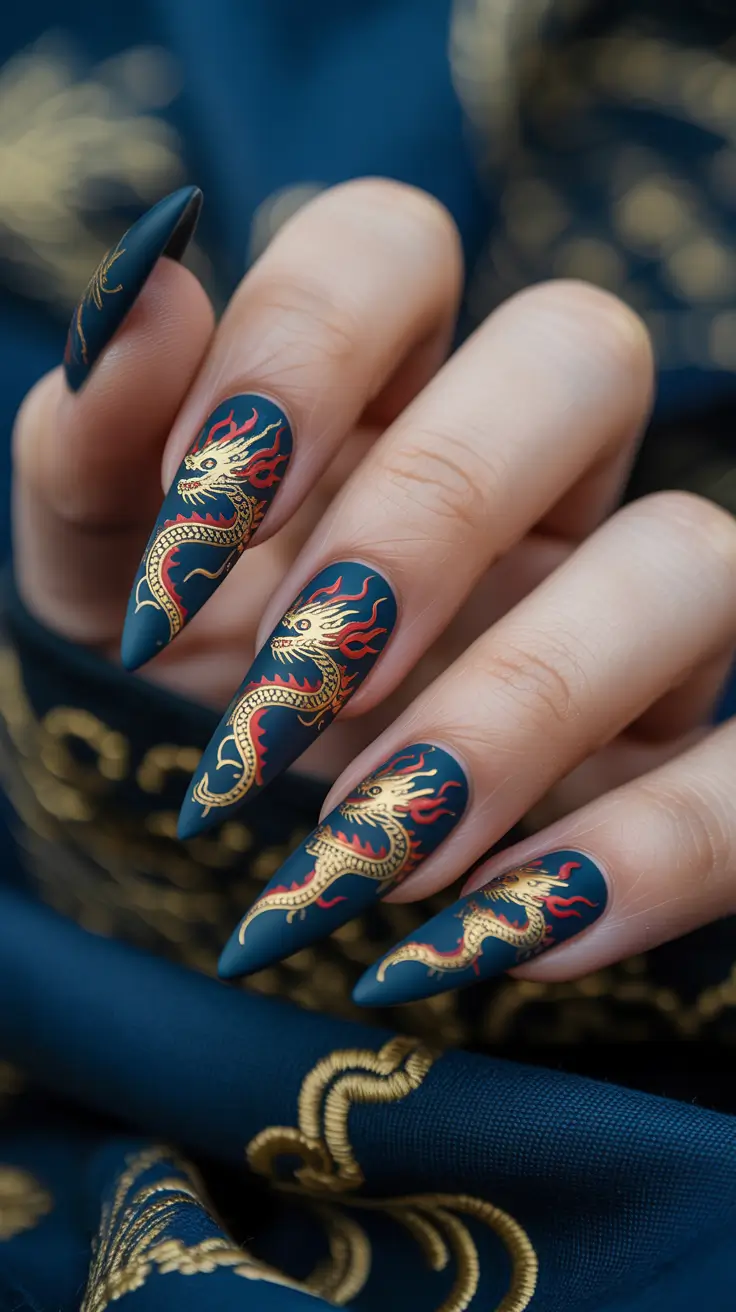 2025 Fall Matte Nails Dragon Fire Detailing