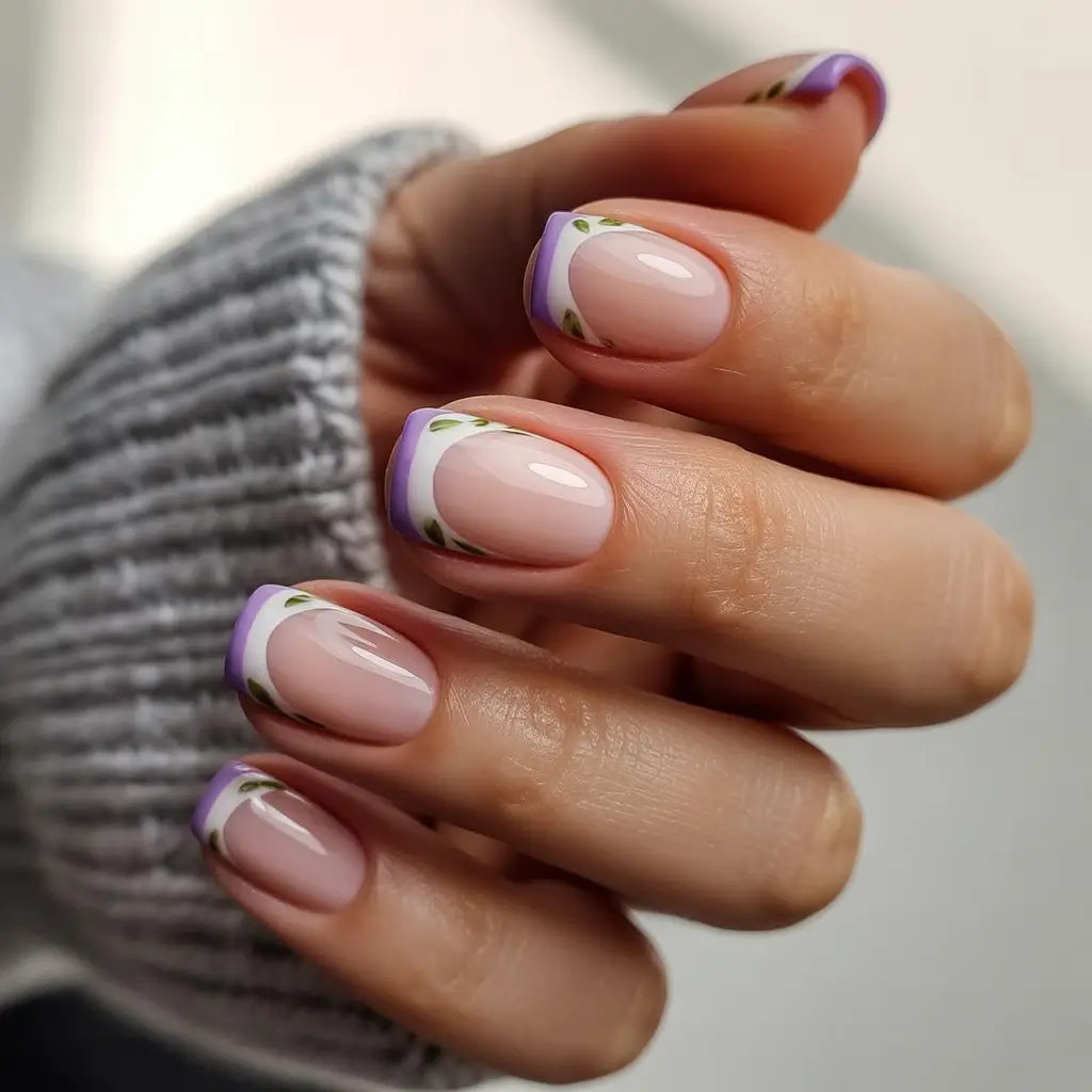 Lavender-Tipped Florals with Olive Leaf Detail+2025 Fall Season Nail Ideas