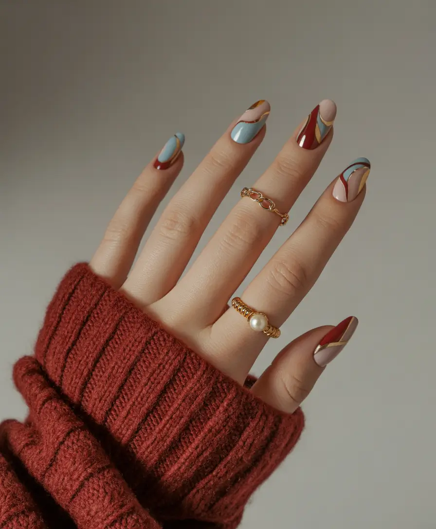 Retro Swirl Vibes in Fall’s Coziest Palette+2025 Fall Season Nail Ideas