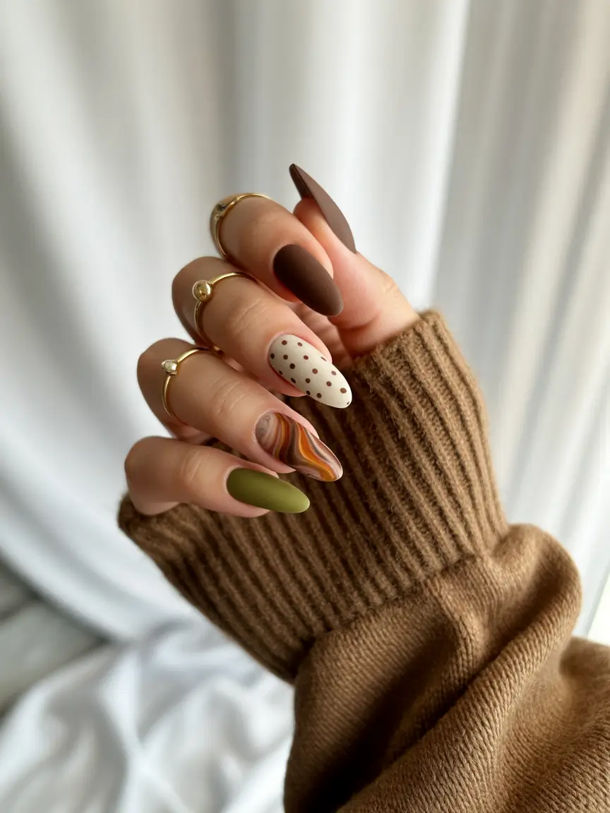 Almond Latte Matte with Playful Accents+2025 Fall Season Nail Ideas