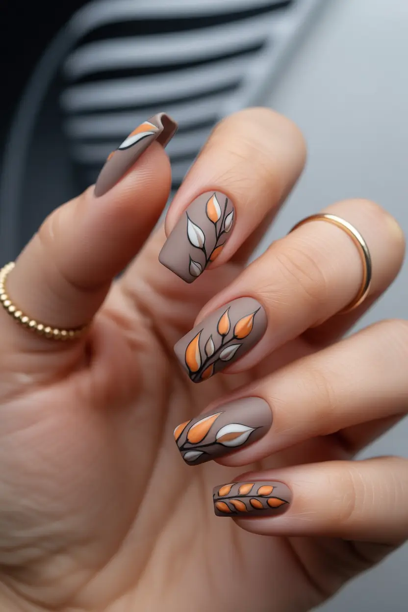 Terracotta Leaf Branches on Cocoa Base+2025 Fall Season Nail Ideas