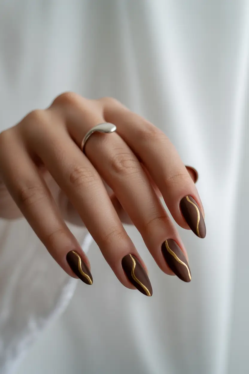 fall-season-nails-Textured-Chocolate-Elegance-with-a-Golden-Twist