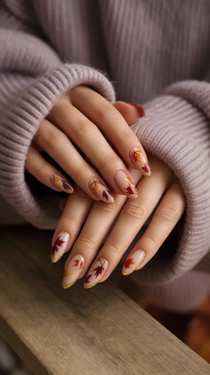 fall-season-nails-Falling-Leaves-&-Cozy-Gold-Tips