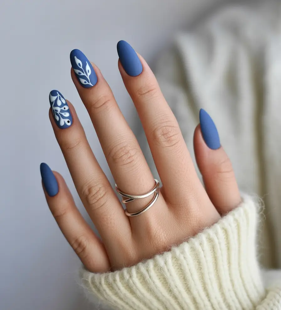 Matte Indigo with Minimal Leaf Art+2025 Fall Season Nail Ideas