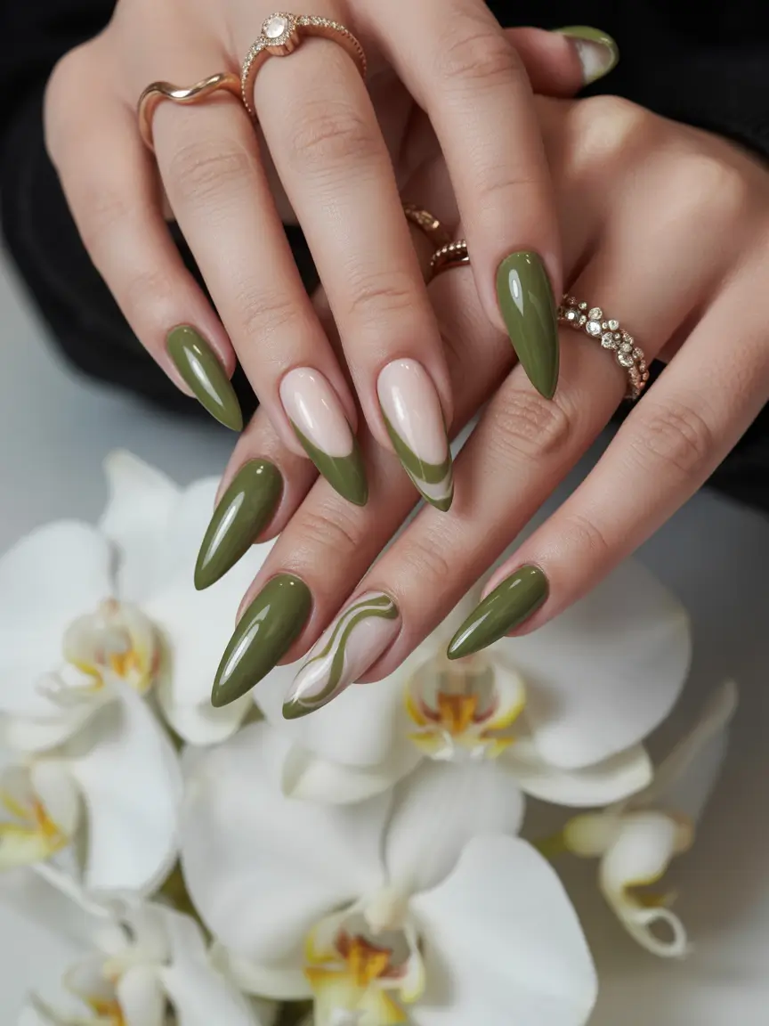 fall-season-nails-Olive-Green-Modern-French