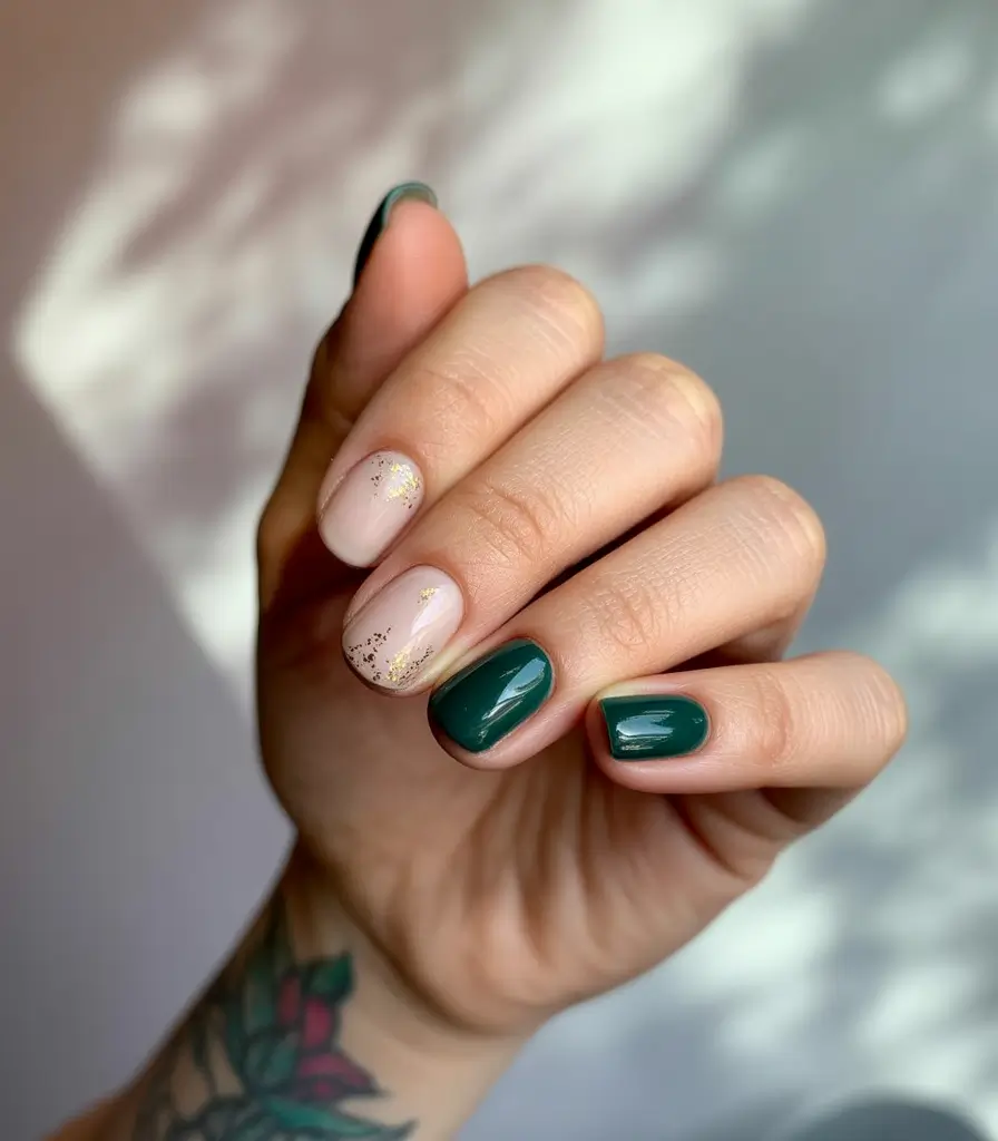 fall-season-nails-Emerald-Pop-&-Soft-Sparkle-Combo