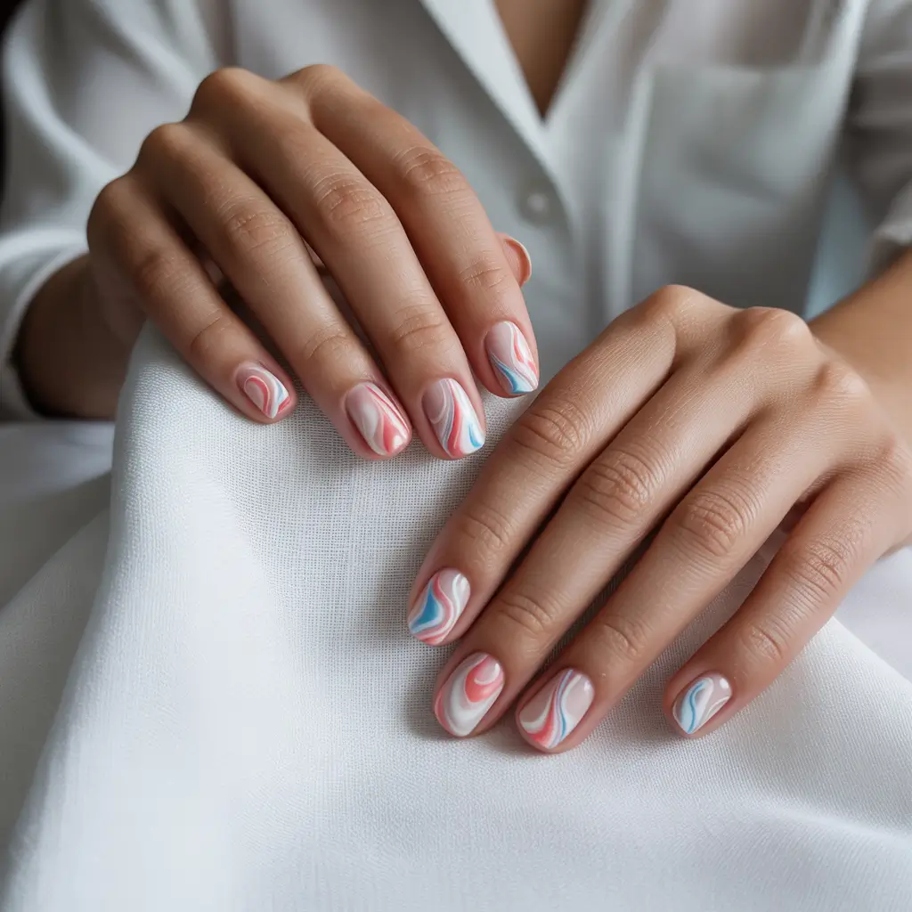 Pastel Swirl Marble in Warm & Cool Tones+2025 Fall Season Nail Ideas
