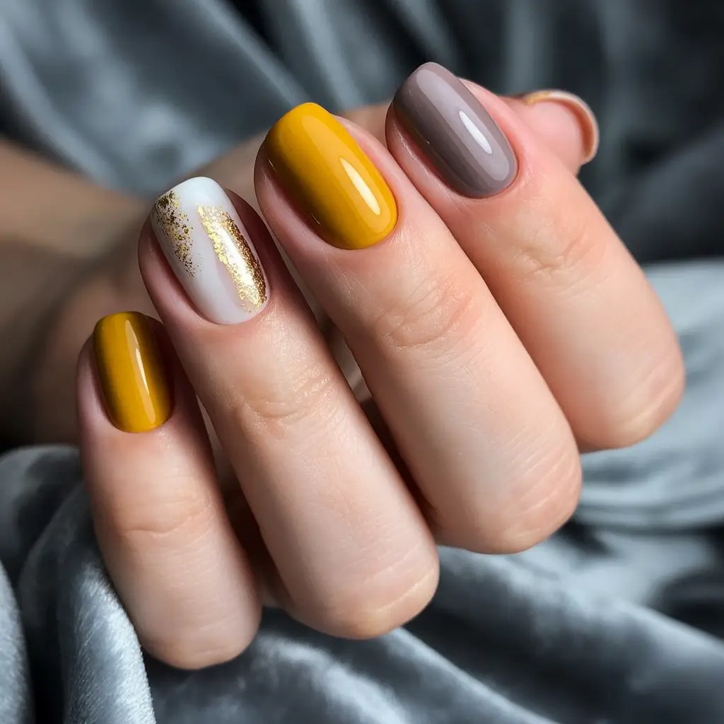 Golden Mustard with Foil Accent+2025 Fall Season Nail Ideas
