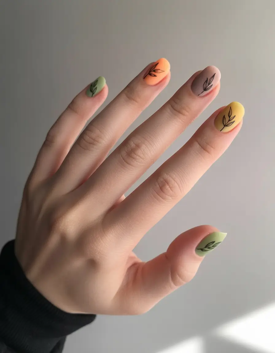 Matte Harvest Tones with Miniature Leaf Outlines+2025 Fall Season Nail Ideas