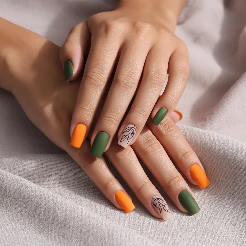 Olive and Pumpkin Matte with Graphic Accent+2025 Fall Season Nail Ideas