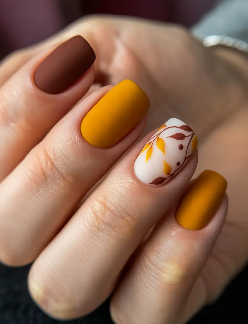Toasty Tones and Falling Leaves Accent+2025 Fall Season Nail Ideas