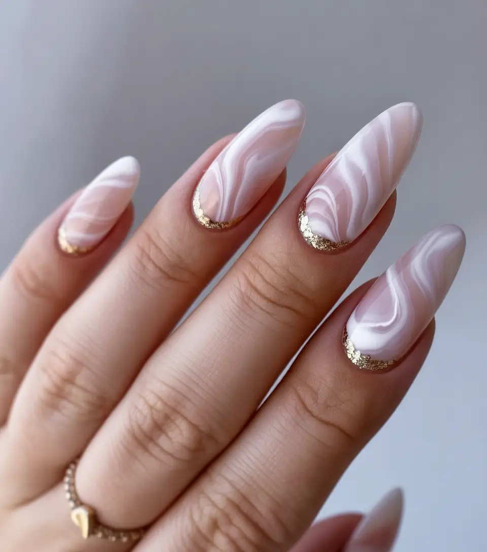 fall-wedding-nails-marble-veins-golden-halo