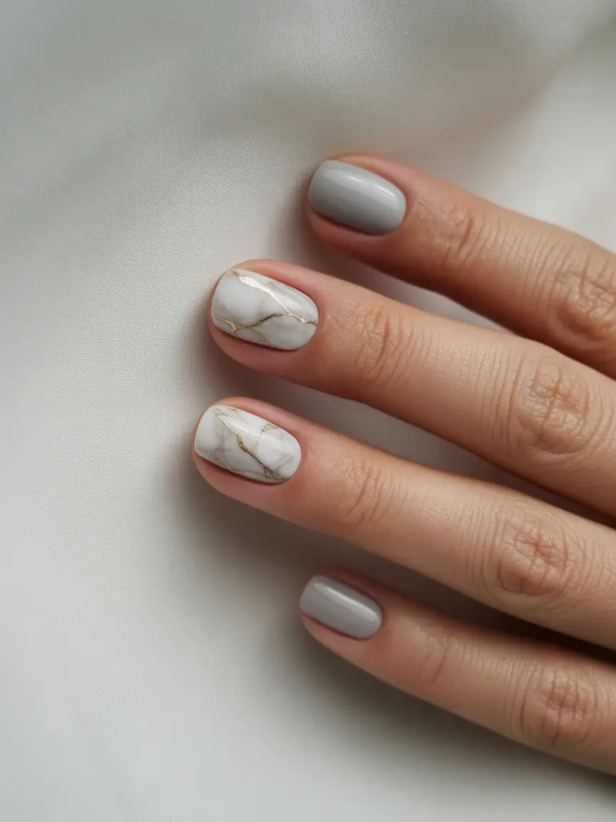fall-wedding-nails-Gray-Marble-&-Gold-Veins