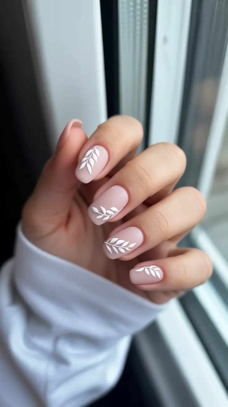 fall-wedding-nails-Soft-Petal-Leaf-Accents-on-Matte-Pink