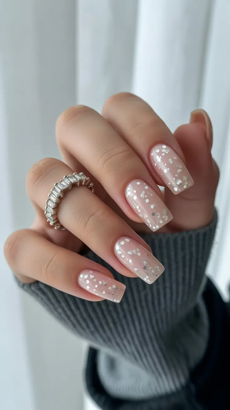 fall-wedding-nails-silver-flakes-glossy-sheer-nude