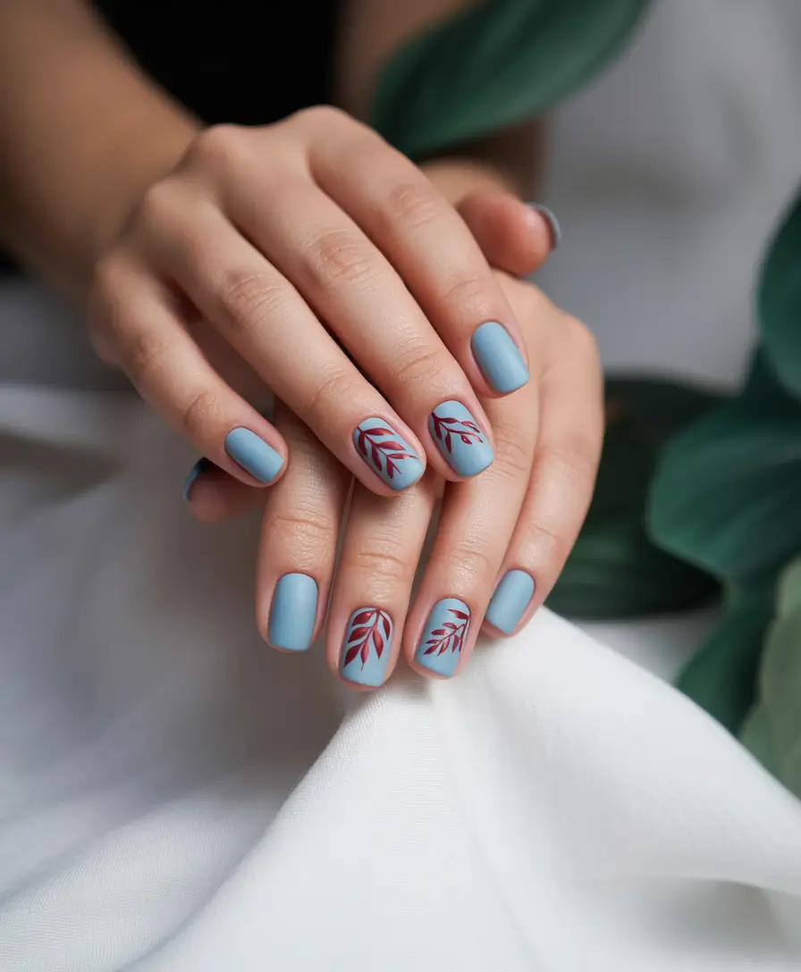 Autumn Nail Color Ideas 2025 Muted Blue with Crimson Branches