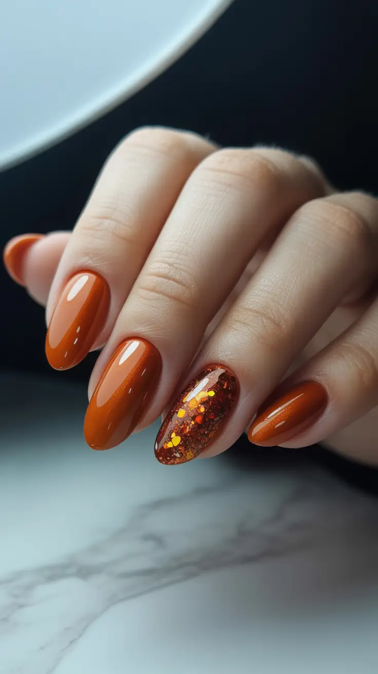 Autumn Nail Color Ideas 2025 Cinnamon Gloss with Glitter Accent
