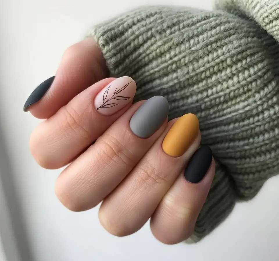 Autumn Nail Color Ideas 2025 Muted Multitone with Line Art Accent