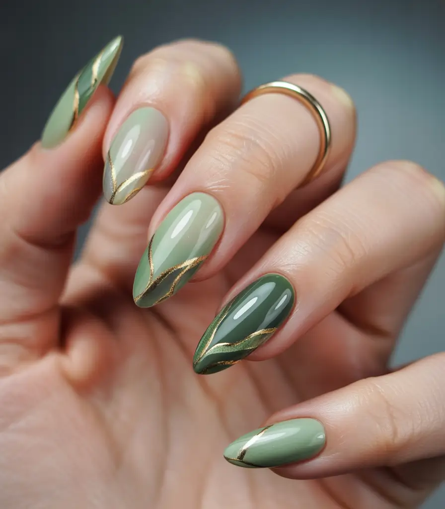 Autumn Nail Color Ideas 2025 Olive Ombré with Gold Veining
