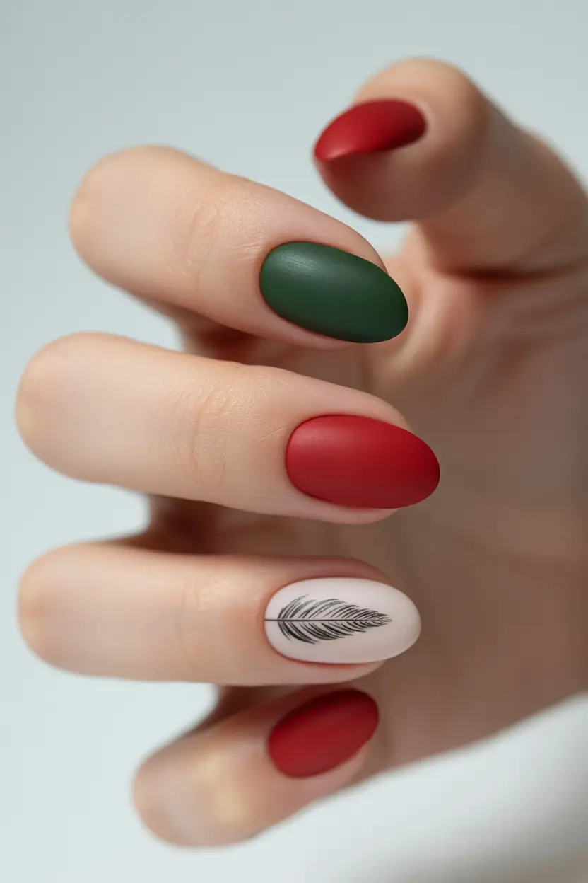 Autumn Nail Color Ideas 2025 Matte Evergreen & Merlot with Ink Feather