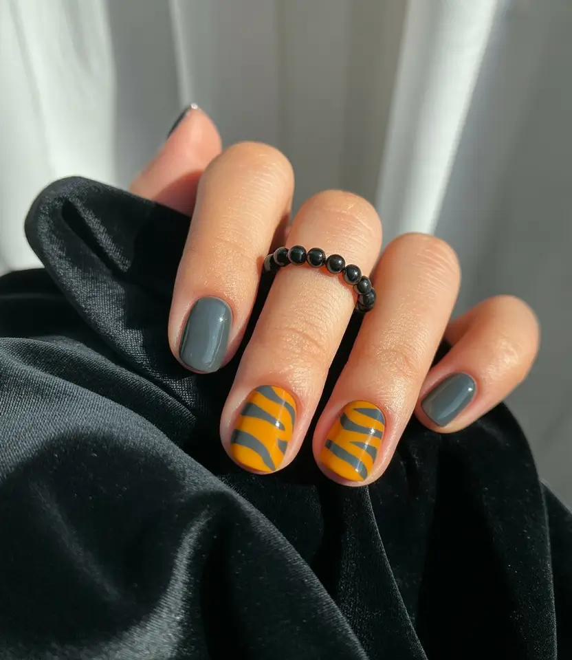 Autumn Nail Color Ideas 2025 Graphite & Mustard with Retro Stripes