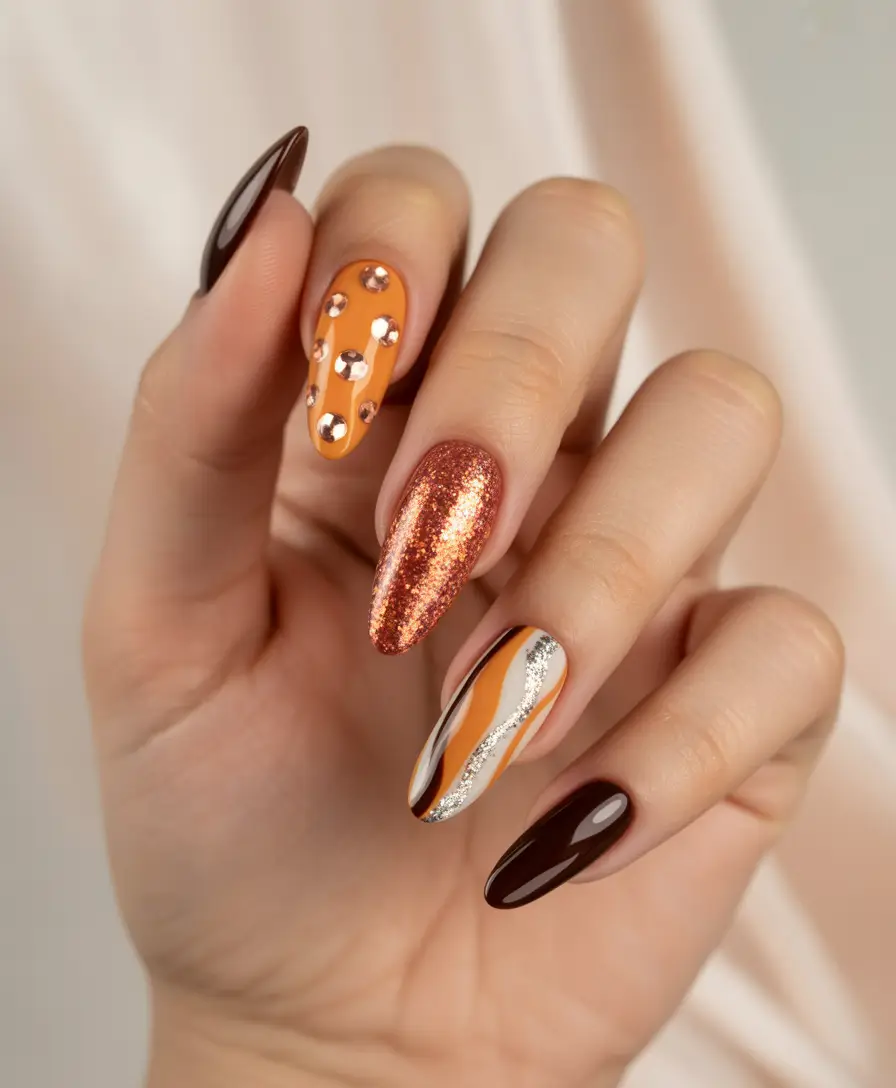 Autumn Nail Color Ideas 2025 Spiced Amber & Glitzy Bronze Swirls