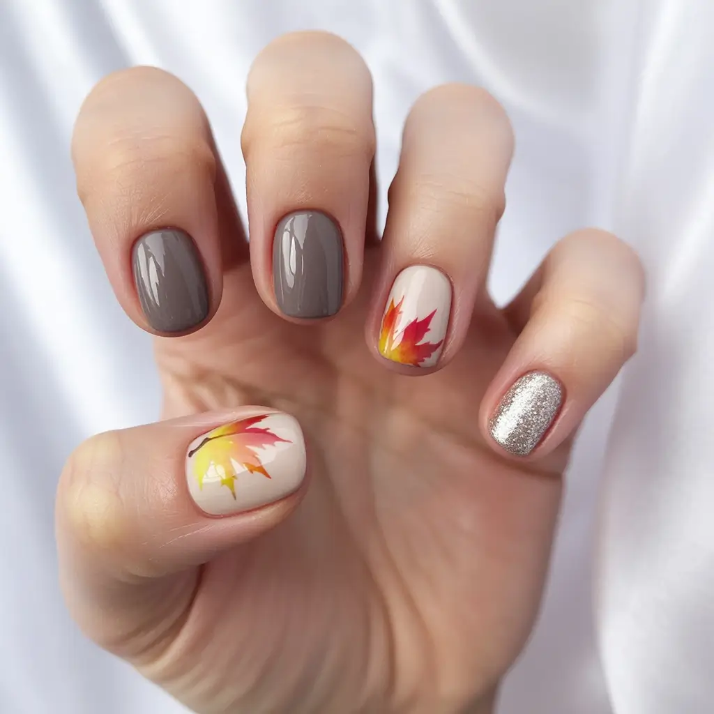 Autumn Nail Color Ideas 2025 Short Square with Autumn Leaves