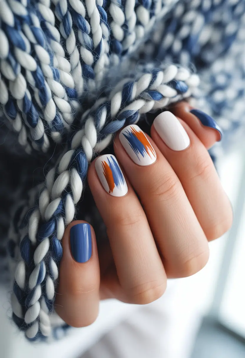 Autumn Nail Color Ideas 2025 Painterly Strokes in Blue & Rust