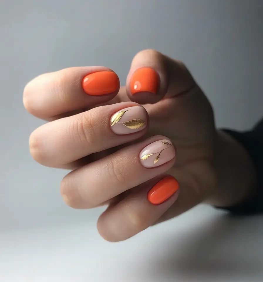 Autumn Nail Color Ideas 2025 Orange Pop with Golden Foil Leaves