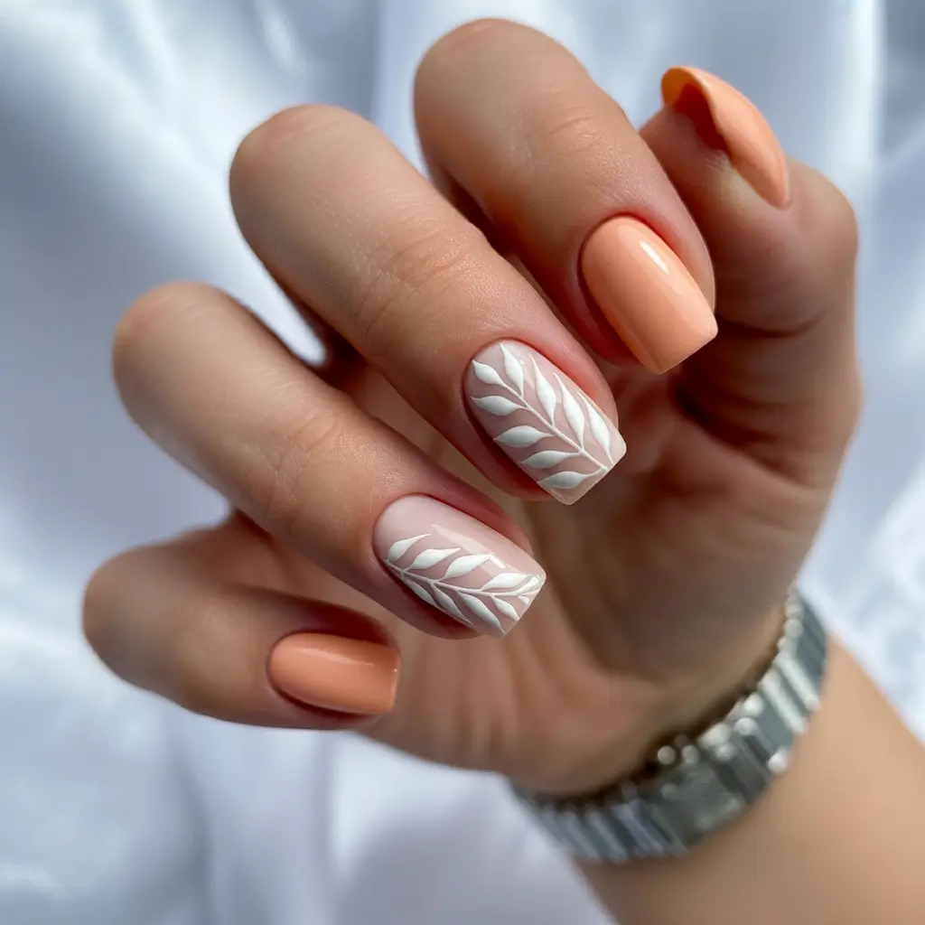 Autumn Nail Color Ideas 2025 Peachy Neutrals with Embossed Detail