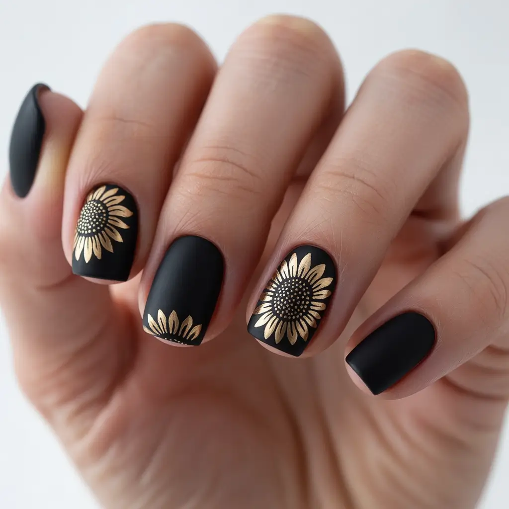 Autumn Nail Color Ideas 2025 Golden Sunflowers on Midnight Matte