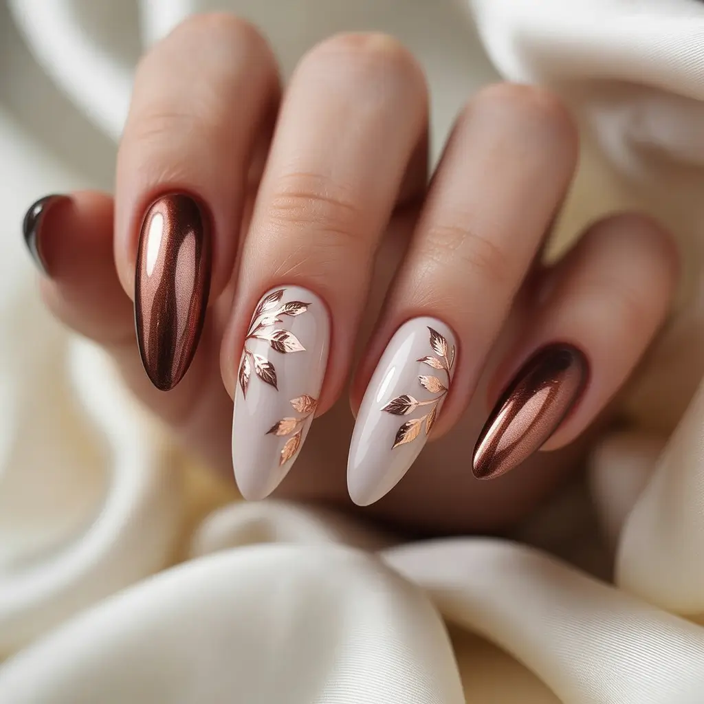 Autumn Nail Color Ideas 2025 Rose Gold Foil & Metallic Cocoa