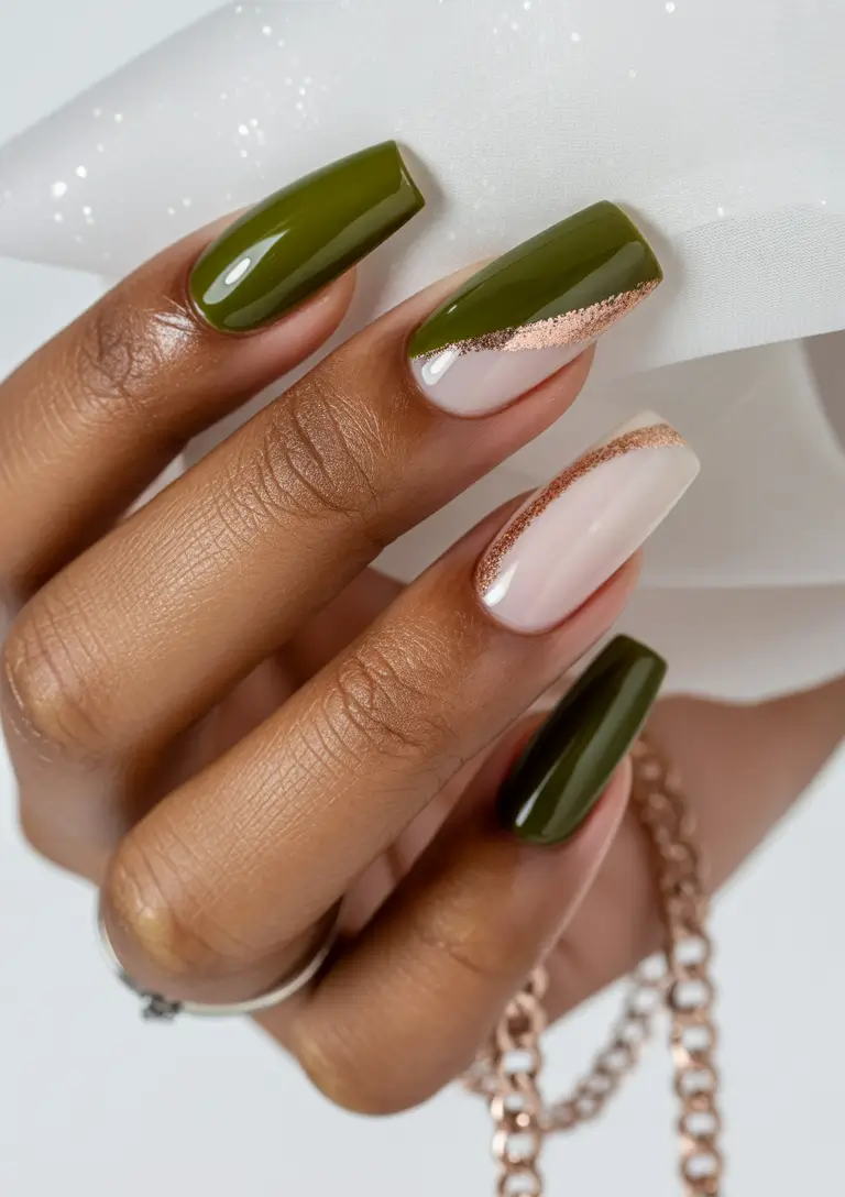 Best Fall Nail Colors for Brown Skin 2025 Olive Green with Rose Gold Accents