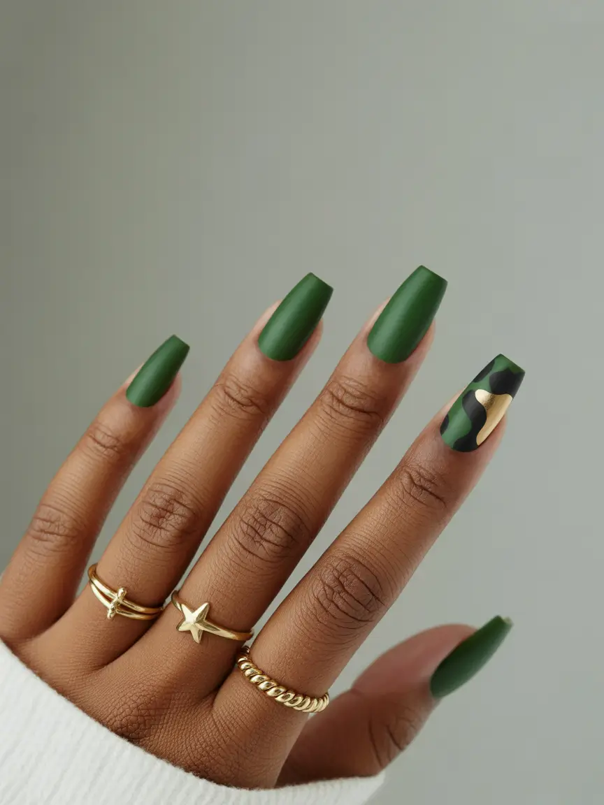 Best Fall Nail Colors for Brown Skin 2025 Matte Army Green with Camo Accent