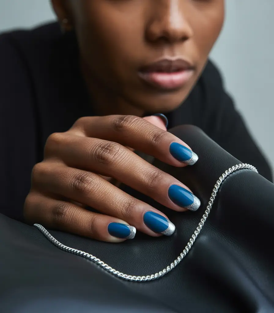Best Fall Nail Colors for Brown Skin 2025 Midnight Blue with Silver Accents