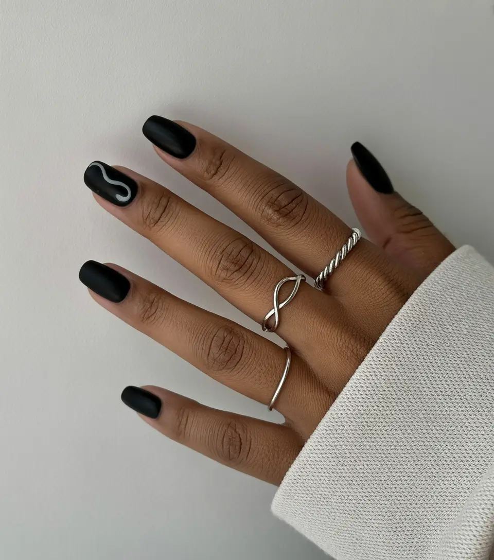 Best Fall Nail Colors for Brown Skin 2025 Matte Black with Minimalist Line