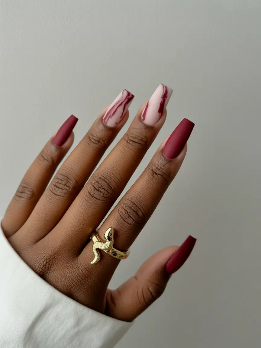 Best Fall Nail Colors for Brown Skin 2025 Burgundy Marble Contrast