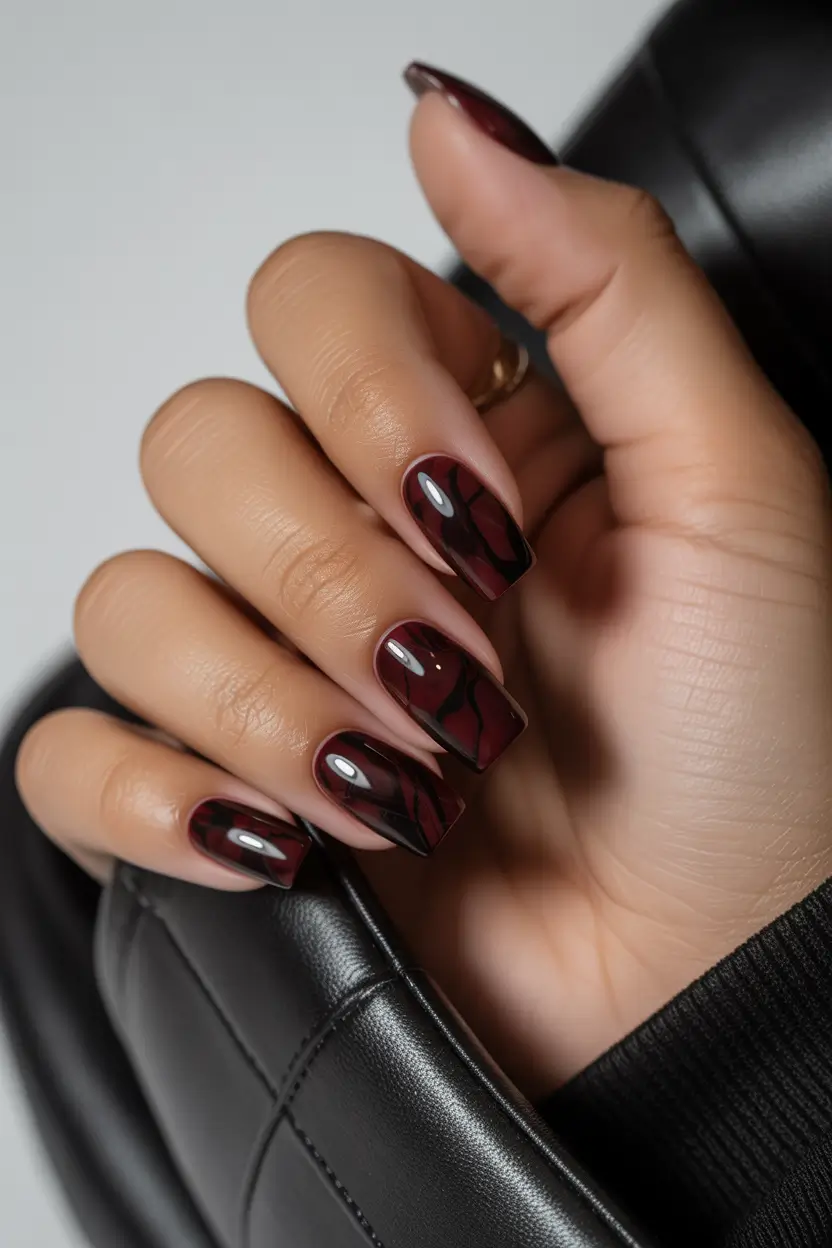 Best Fall Nail Colors for Brown Skin 2025 Deep Wine with Abstract Black