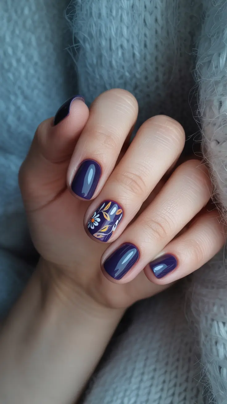 Best Fall Nail Colors for Medium Skin 2025 Deep Plum with Autumn Florals