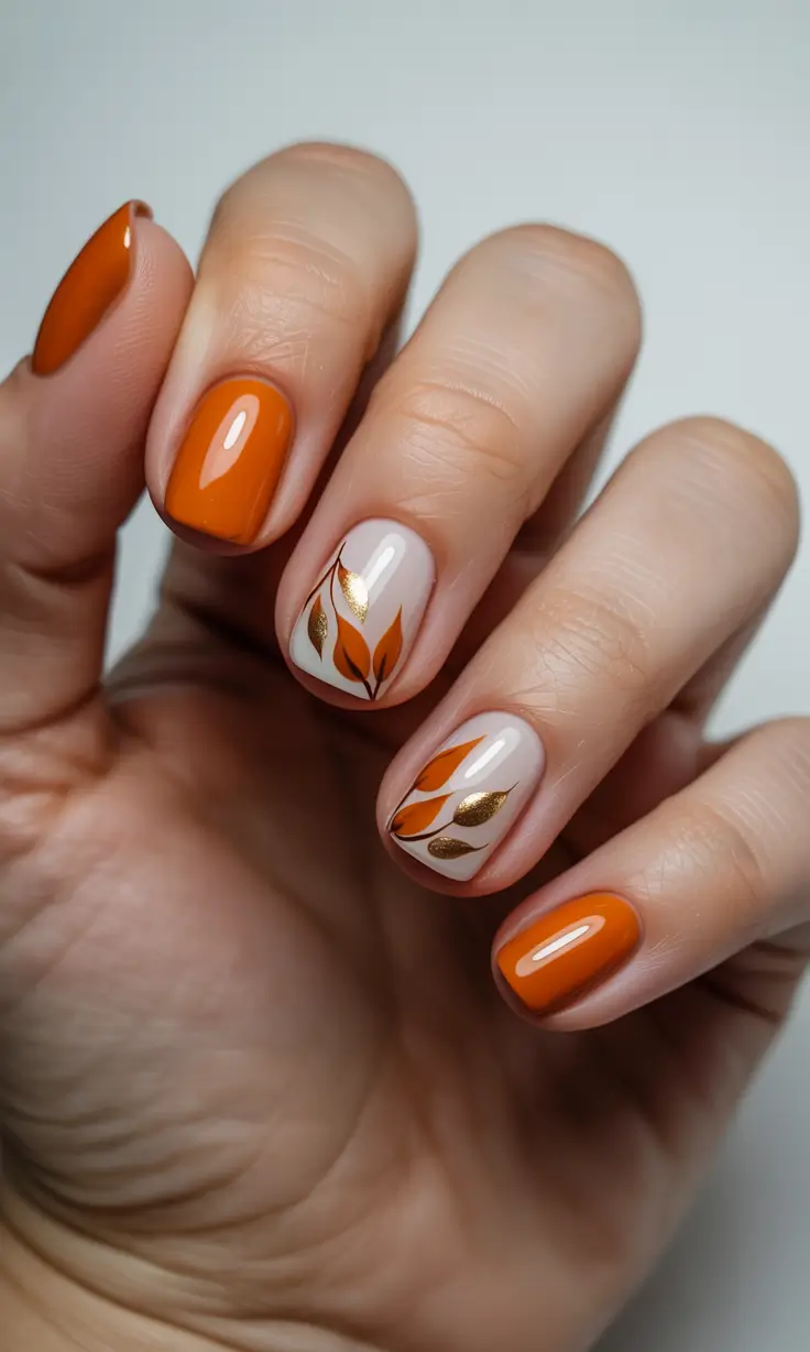 Best Fall Nail Colors for Medium Skin 2025 Burnt Orange with Golden Leaf Motifs
