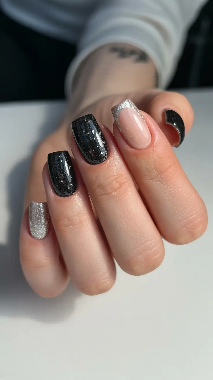 Best Fall Nail Colors for Medium Skin 2025 Black and Silver Glitter Mix